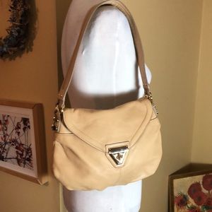 POUR LE VICTOIRE Leather Shoulder-bag Purse Luxe Natural & Gold LOGO Stripe NEW